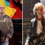 Bonehead 2D image on stage in South Korea and the guitarist Mike Moore who is replacing Bonehead in the Asian leg of the tour