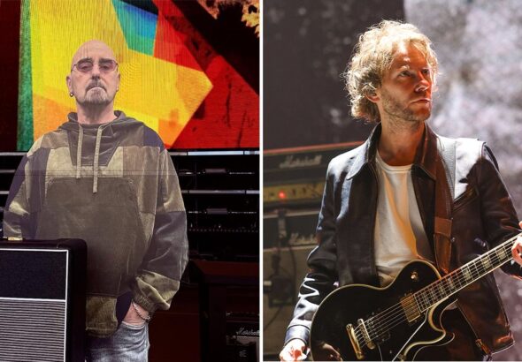 Bonehead 2D image on stage in South Korea and the guitarist Mike Moore who is replacing Bonehead in the Asian leg of the tour