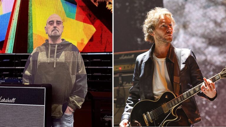 Bonehead 2D image on stage in South Korea and the guitarist Mike Moore who is replacing Bonehead in the Asian leg of the tour